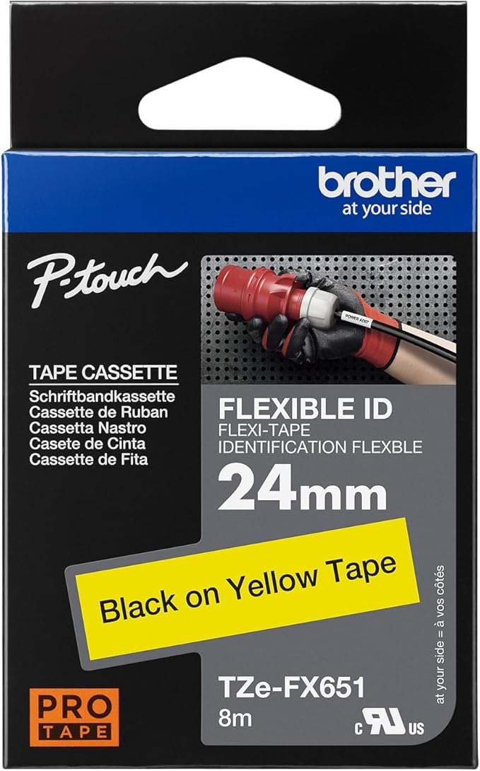 Brother Genuine P-touch TZE-FX651 Tape, 1" (0.94") Wide Flexible-ID Laminated Tape, Black on White, Best Suited for Wire Wrapping and Flagging, Water-Resistant, 0.94" x 26.2' (24mm x 8M), TZE-FX651
