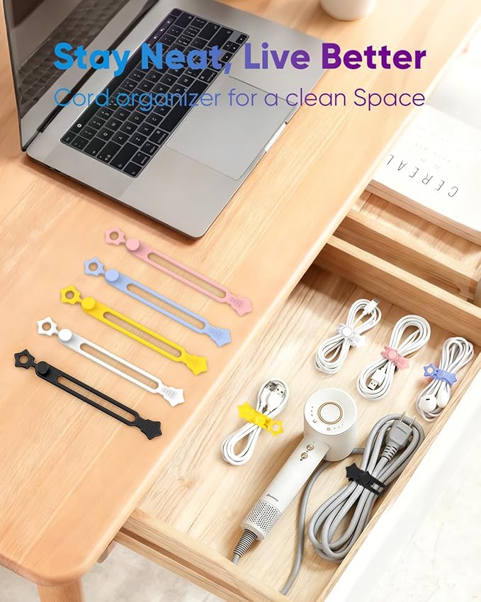 36-Pack Silicone Cable Ties, Reusable Cord Organizer Straps With 2 Binding Methos, Durable & Stretchable Wire Management for Home, Office, Travel (Black)