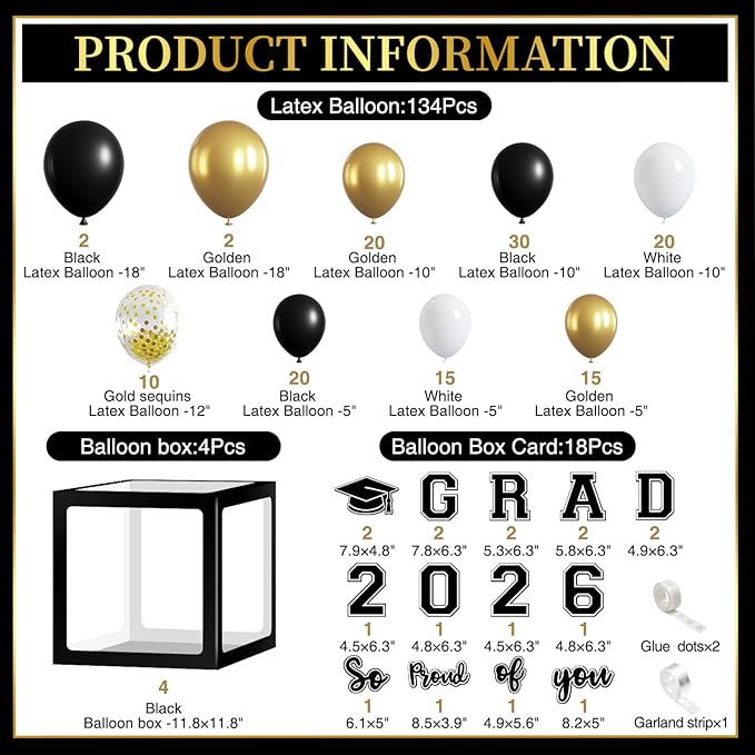 2026 Graduation Decorations, Graduation Party Decorations Graduation Balloons Arch Kit Boxes With Letters 2026 Grad for Middle School High School College ect.