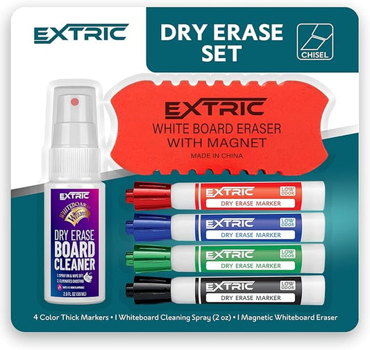 Dry Erase Markers Chisel Tip Set, 4 Whiteboard Markers, Whiteboard Cleaner and Eraser, Low Odor Dry Erase Marker with Eraser Bundle for Home, Teachers Supplies, and School Supplies