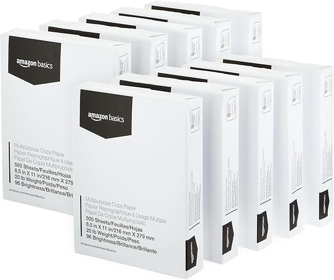 Amazon Basics Multipurpose Copy Printer Paper, 8.5 x 11 Inches, 20 lb Weight, 96 Bright, White, 10 Ream (5,000 Sheets)