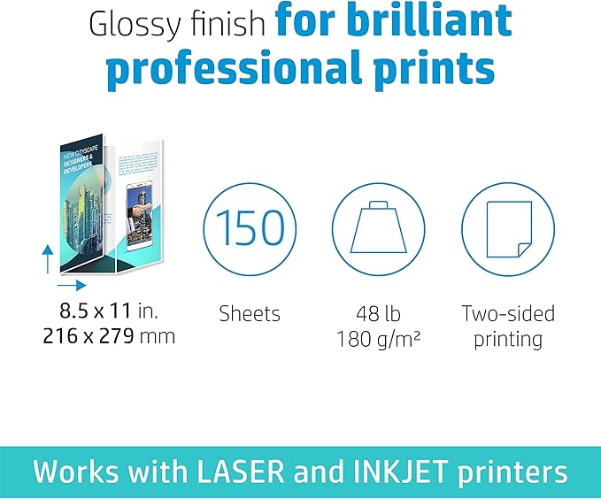 HP Professional Tri-fold Business Paper, Glossy, 8.5x11 in, 48 lb, 150 sheets, works with inkjet, PageWide, laser printers (4WN12A)