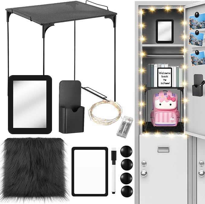 Patelai 11 Pcs Locker Accessories Kit Included Locker Shelf Magnetic Mirror Pen Holder Whiteboard Marker Faux Fur Rug Light String and Magnet for Back to School Essentials(Black)