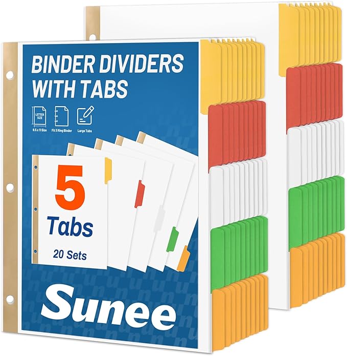 SUNEE Binder Dividers with Colorful Write On & Erase Tabs for 3 Ring Binder, 8.5 x 11 Paper White Reusable Dividers Blank with 5 Tabs, 20 Sets Page Dividers for School, Office and Home, 100 Dividers
