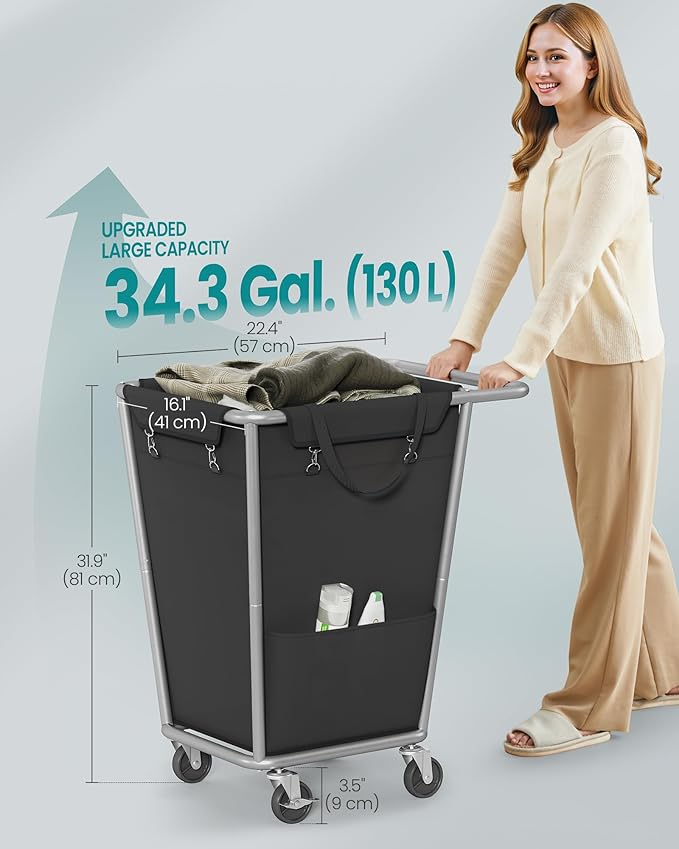 SONGMICS Laundry Basket with Wheels, 34.3 Gallons (130 L) Rolling Laundry Hamper with Removable Bag, Heavy-Duty Steel Frame, Ink Black URLS008B01