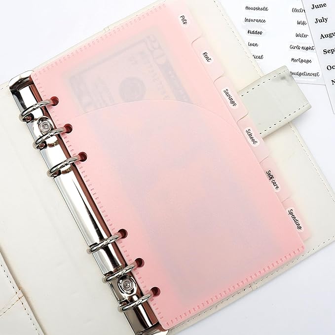 NatSumeBasics 12 A6 Cash Stuffing Envelopes 2 Layer Pink A6 Binder Pocket Dividers with Tab Sticker for 6 Rings Budgeting Planner Inserts Supplies Accessories (12 Pink)