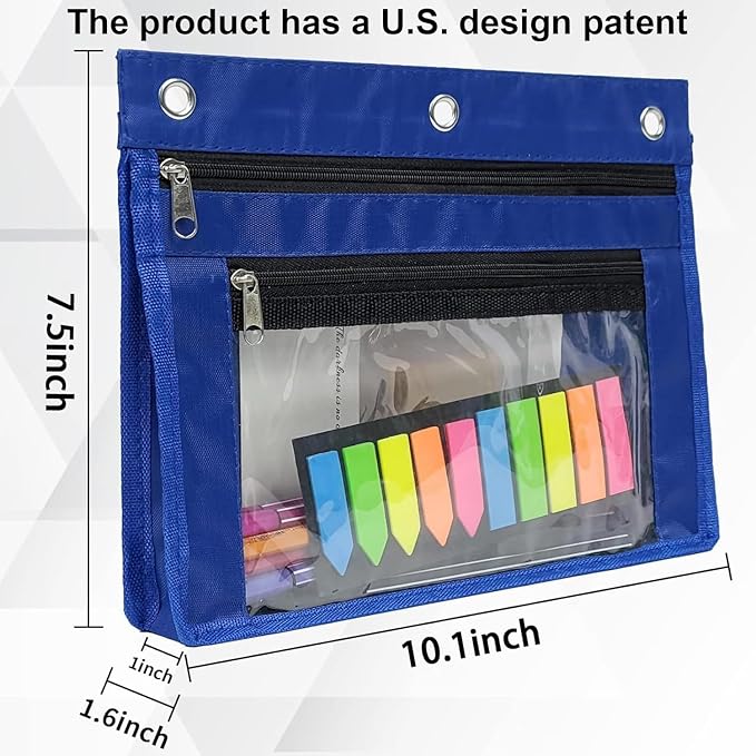 YoeeJob 6 Pack 1 Inch Expandable Zipper Pencil Pouches with Clear Window for 3 Ring Binder, Suitable for School & Office (6, Blue)