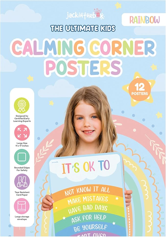 jackinthebox 12 Calming Corner Posters with Gold Foil Embedded Stars - 12 x 17 inches Laminated Classroom Decor Posters, Calm Down Corner Supplies, Emotions Charts for Kids, Easter Gifts for Kids.