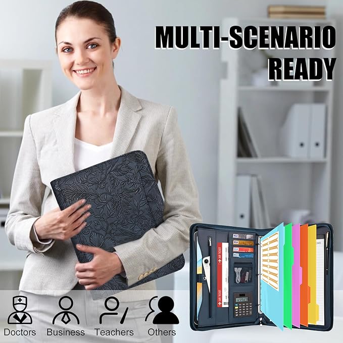 Eshow Portfolio Organizer - 3 Ring Binder with Zipper, Vegan Leather Business Padfolio Folder with Notepad Includes 5 Color Sheet Protectors for Documents Files for Men Women