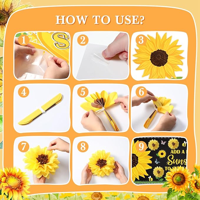 Pasimy Spring Bulletin Board Decorations 3D Sunflower Bulletin Board Set Bee Classroom Decor Honeycomb Butterfly Flower Cutouts Spring Borders for Home Office Wall Door Window Supplies(Sunflower)