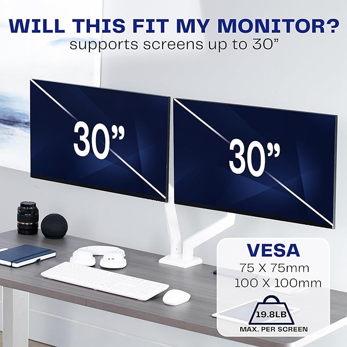 VIVO Aluminum Articulating Dual Monitor Arm for 13 to 30 inch Screens, Desk Mount Tension Spring Monitor Stand for 2 Screens, White, STAND-V102OW
