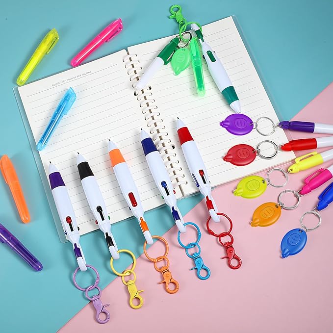 Chinco 30 Pcs Retractable Shuttle Pen Clip with Mini Highlighter Nurse Badge Pen Neon Marker LED Keychain Ring Clip