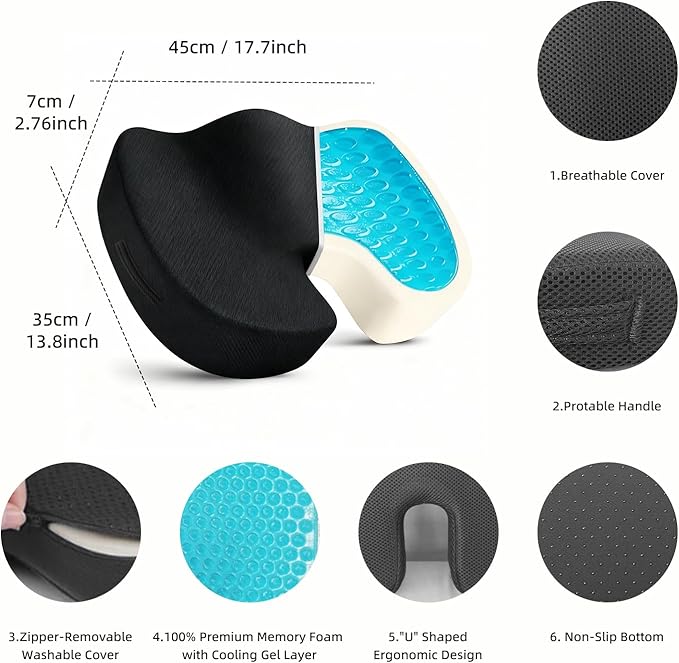 Gel Memory Foam Office Chair Seat Cushion,Breathable Seat Cushion for Long Sitting - Back,Sciatica,Coccyx,Tailbone Pain Relief Pillow Hip Butt Pad- for Office Home Chair, Car Seat,Wheelchair (Black)