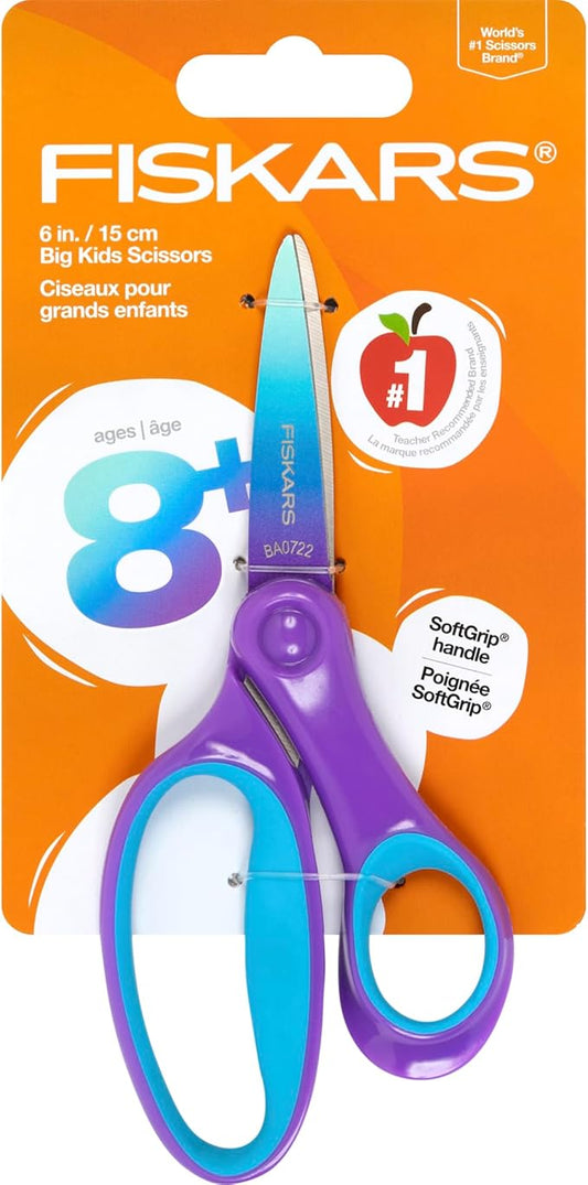 Fiskars Softgrip 6" Big Kids Scissors for Ages 8-11, Scissors for School or Crafting, Turquoise-Purple Ombre