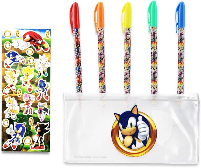 Nintendo Sonic Pencil Case for Kids - Sonic the Hedgehog Pencil Holder Bundle with Sonic Molded Pencil Case and 5 Sonic Gel Pens Plus Stickers | Sonic School Supplies Set