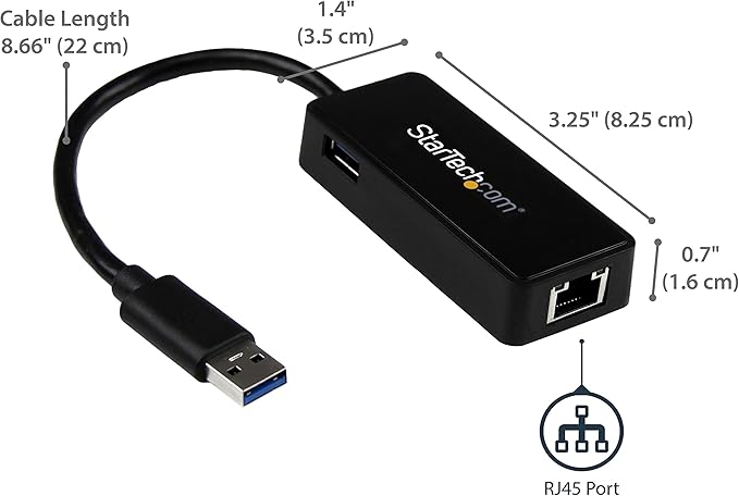StarTech.com USB 3.0 Ethernet Adapter - USB 3.0 Network Adapter NIC with USB Port - USB to RJ45 - USB Passthrough (USB31000SPTB), Black, 0.7" x 1.4" x 5" x 5"