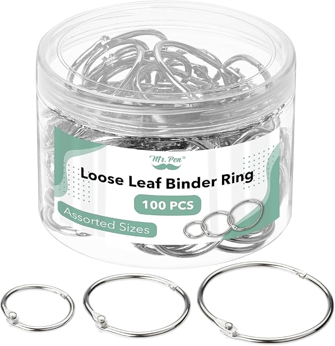 Mr. Pen- Loose Leaf Binder Ring, 100 Pack, 3 Sizes, Loose Leaf Binder Book Rings Bulk, for Books and Index Cards, for School, Home, or Office, Silver