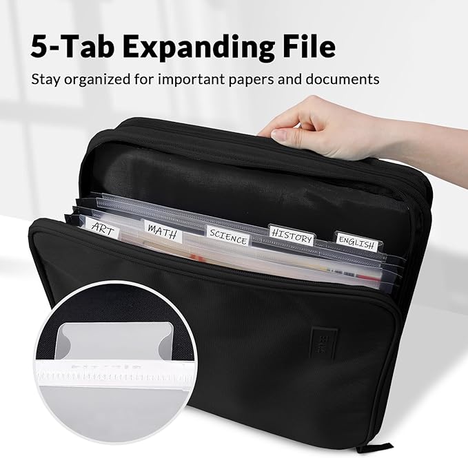SUNEE Zipper Binder Bag with Handle, 2-Inch 3-Ring O-Ring, 500-Sheet Capacity, Includes Zip Pocket, 5-Tab Expanding File Folder, Multi-Pocket Organizer Binder for Middle School, Black