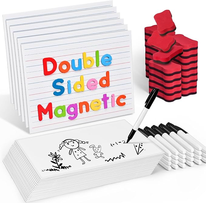 GAMENOTE White Board Dry Erase, Small Magnetic Lined White Board Set, Double Sided Magnet Ruled Lap Boards Whiteboard for Kids and Student Learning, 9x12 Inches (Pack of 24)
