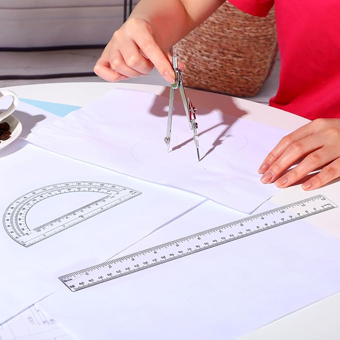 Zonon 3 Pcs Plastic Ruler 6 Inch Protractor Drawing Compass Set, Student Geometry Math Transparent Measuring Tools for Home School Classroom Office Supplies(12 Inch,Clear)
