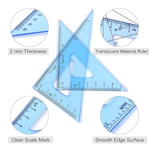Coopay 6 Inch Math Geometry Tool Plastic Ruler Square Set Includes Straight Ruler, Triangles, Protractor for Student School Office Supplies (Blue)