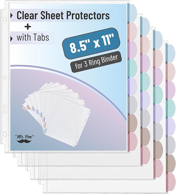 Mr. Pen- Clear Sheet Protectors with Binder, 8 Tabs, 4 Sets, Morandi Color, Clear Plastic Dividers for 3 Ring Binder, Insertable Index Page Divider Multicolor Tabs