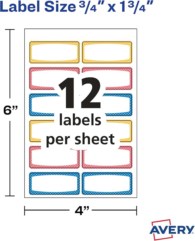 Avery Durable Labels for Kids' Gear, 3/4" x 1-3/4", Assorted Border Colors, Water-Resistant Labels, 60 Total (41442)
