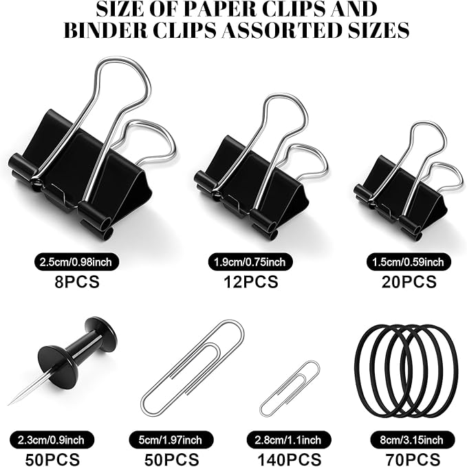 350 Pcs Paper Clips Assorted Sizes, Paperclips and Binderclips Office Supplies Set Paperclips Paper Clamps Rubber Bands Push Pins for Office and School Supplies