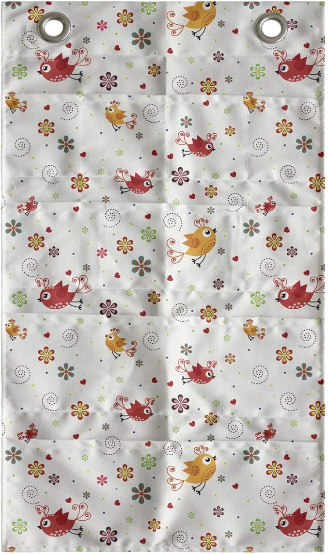 Ambesonne Cartoon Hanging Pocket Organizer, Birds Swirls Flowers and Mini Hearts Nature Inspired Drawing Style Happy Animals, Printed Polyester Storage Bag with Pockets, 21" x 31", Multicolor