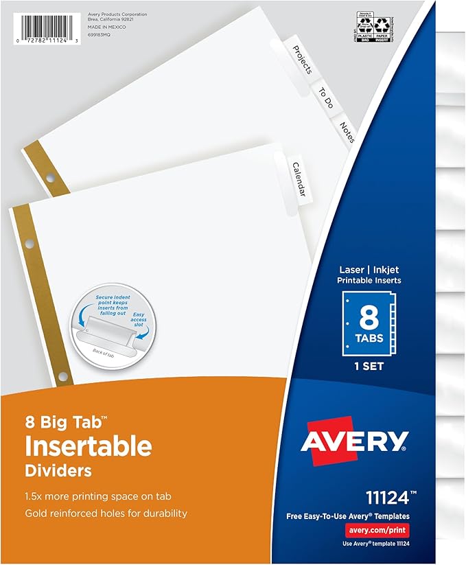Avery Big Tab Insertable Dividers for 3 Ring Binders, 8-Tab Set, White Paper, Clear Tabs, 1 Binder Divider Set (11124)
