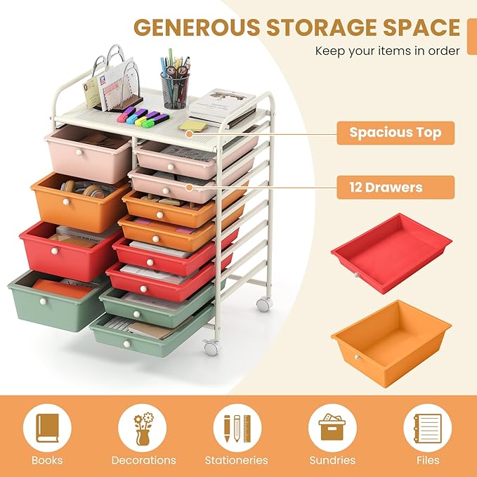 COSTWAY 12 Drawer Rolling Storage Cart, Mobile Utility Cart with Metal Frame, Art Supply Craft Organizer, Multipurpose Storage Organizer for Paper, Office, School Teacher, Classroom, Macaron