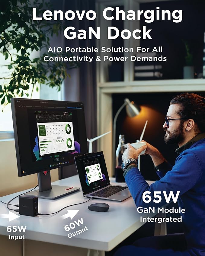 Lenovo GaN Charging Dock, Multiport Docking Station w/ 60W PD, HDMI, USB-C, USB-A, Micro SD, Power Adapter & Dock in One, Compact Design, Sustainable Materials, Home Office Gaming Dock Stand Console