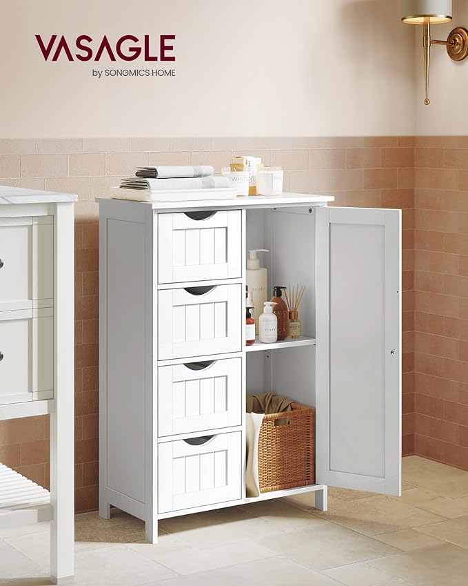 VASAGLE Storage Cabinet with Drawers, Freestanding Floor Cabinet with Door, 11.8 x 21.7 x 32.3 Inches, Adjustable Shelf, for Bathroom, Living Room, Kitchen, Cloud White ULHC041WH01S