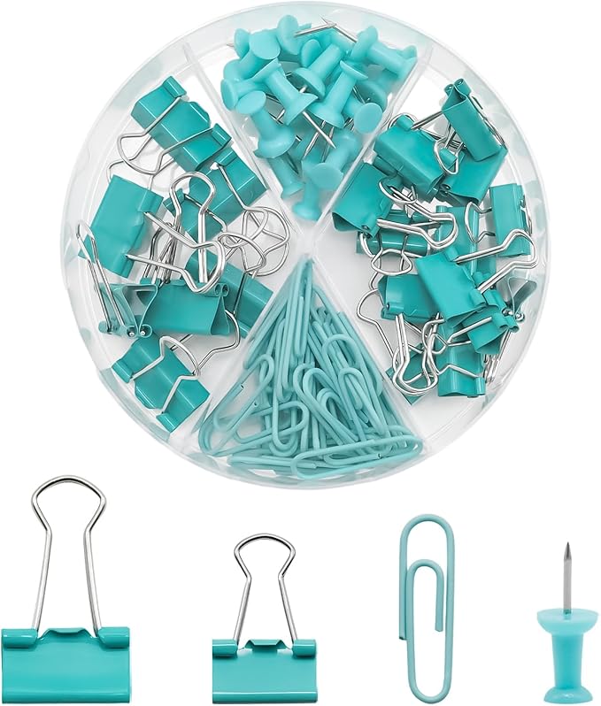 Office Supplies Set, Paper Clips, 72 Pcs, Push Pins and Binder Clips Set with Box for Office, School and Home(Green)