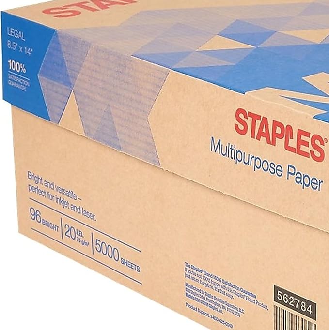 Staples Multipurpose Paper, 8 1/2 inch x 14 inch, Case, For Office, School & Home