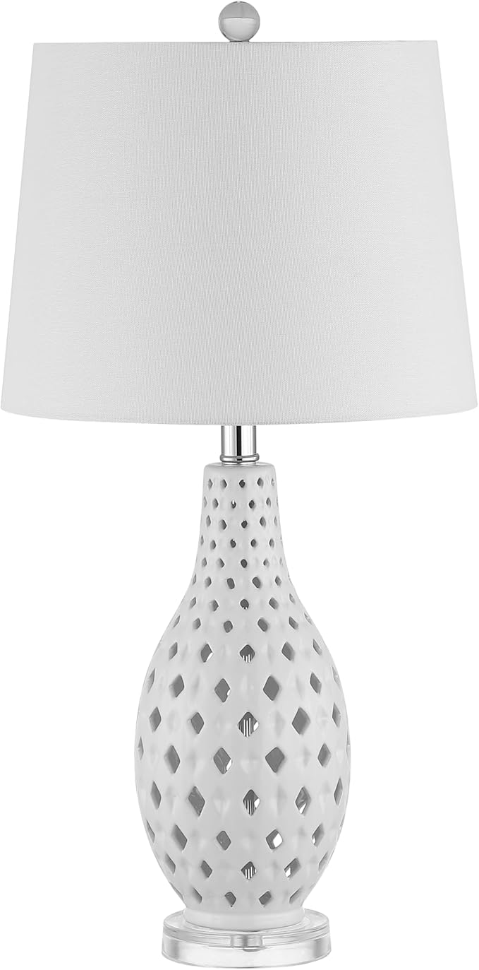 SAFAVIEH Lighting Collection Harlem Trellis White Ceramic 26-inch Bedroom Living Room Home Office Desk Nightstand Table Lamp (LED Bulb Included)