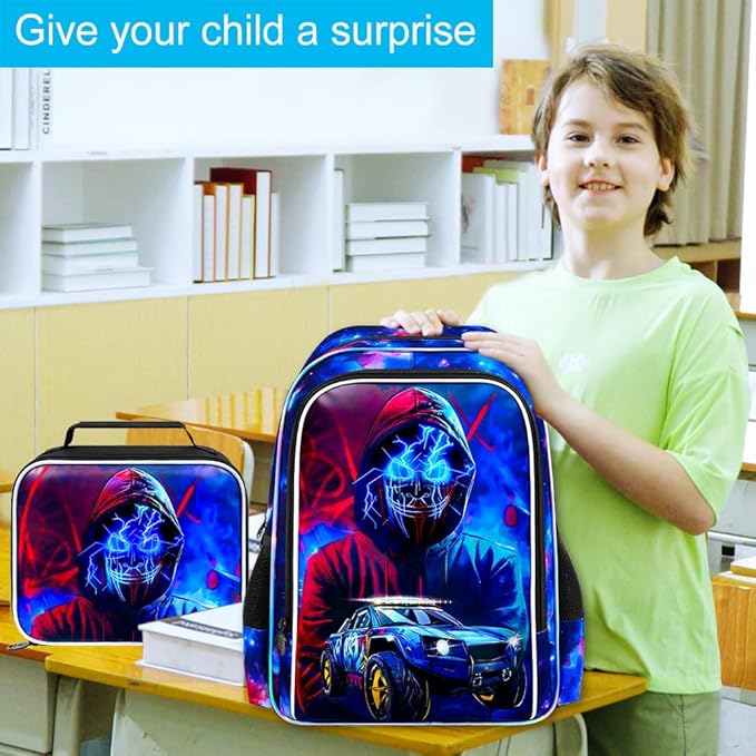 gxtvo 3PCS Boys Truck Backpack, 17" Kids Demon Bookbag with Lunch Box, Water Resistant Middle Elementary School Bag - Devil Man Truck