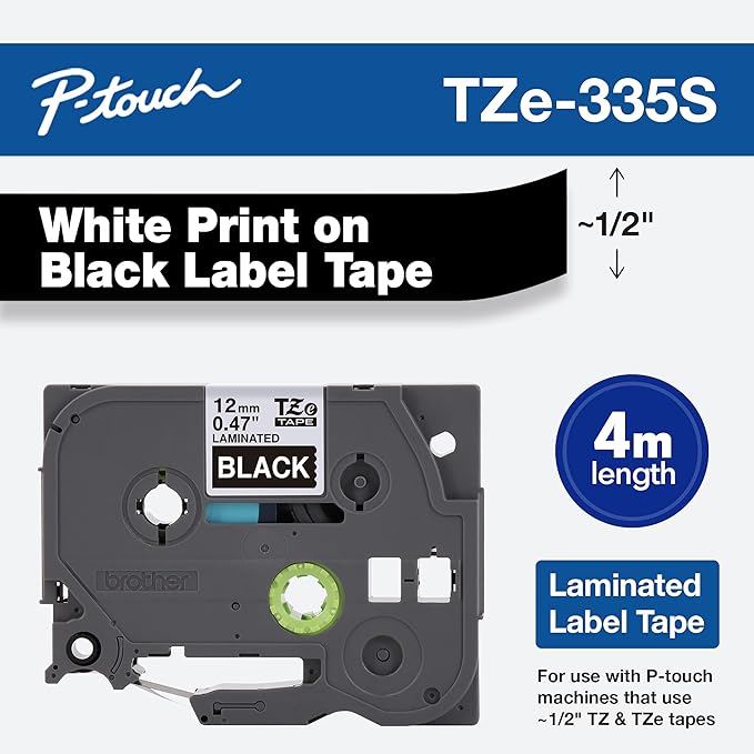 Brother Genuine P-Touch TZe-335S Economy Label Tape, Standard Laminated P-Touch Tape, White on Black, Perfect for Indoor or Outdoor Use, Water Resistant, (4M), Single-Pack