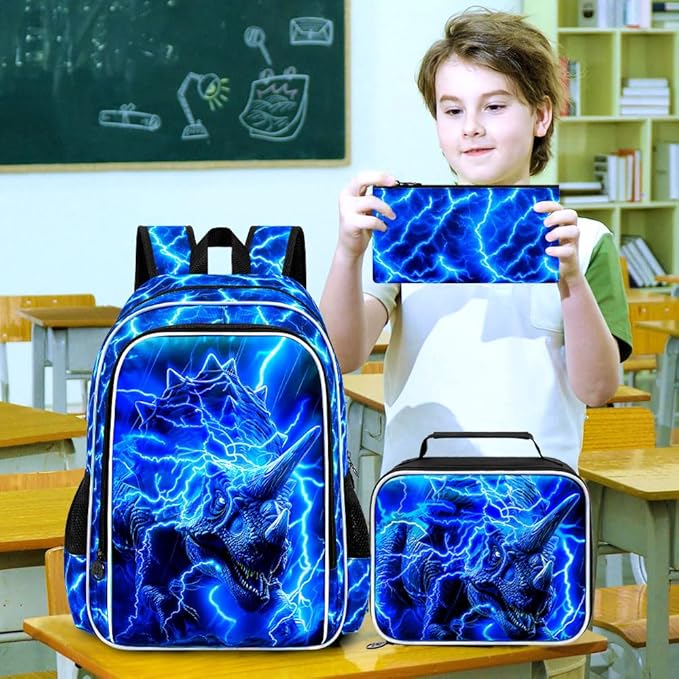 KLFVB 3PCS Boys Lightning Bookbag Set, 17" Dinosaur Backpack and Lunch Box, Water Resistant Teenagers School Backpacks for Middle Elementary - Lightning Triceratops