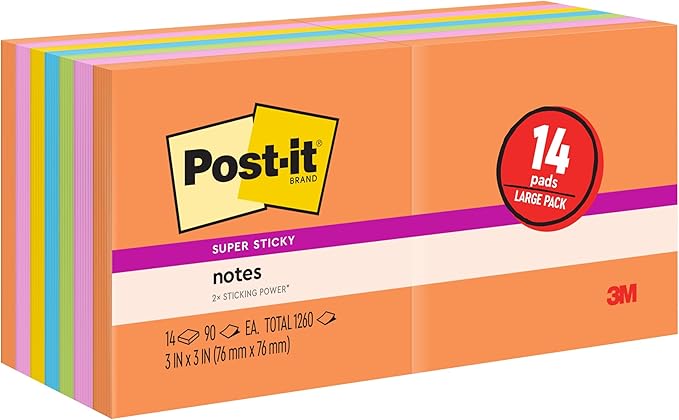 Post-it Super Sticky Notes, Energy Boost Collection, 1260 Total, 3 in x 3 in (76 mm x 76 mm), 14 Pads/Pack, 90 Sheets/Pad, 2X Sticking Power, Recyclable, Assorted Bright Colors
