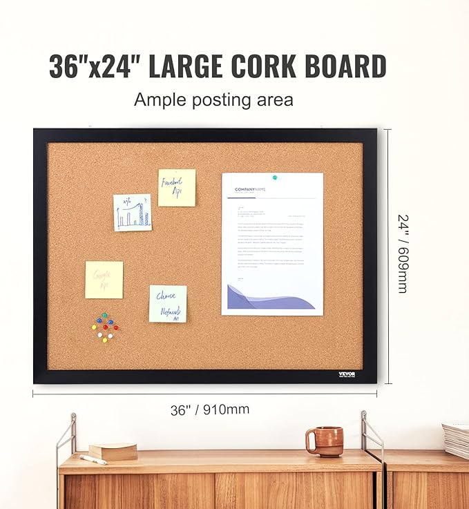 VEVOR Cork Board for Office, 36'' x 24'' Bulletin Board for Wall, Push Pin Board with Framed for Office Home and School