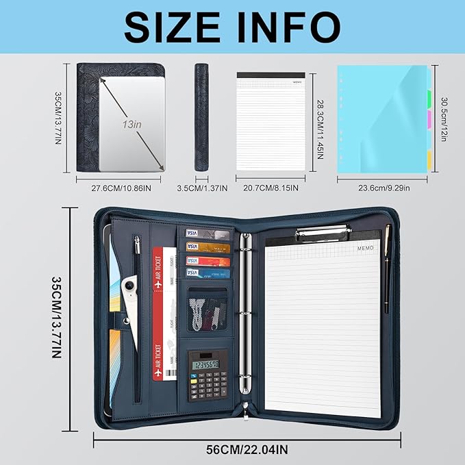 Eshow Portfolio Organizer - 3 Ring Binder with Zipper, Vegan Leather Business Padfolio Folder with Notepad Includes 5 Color Sheet Protectors for Documents Files for Men Women