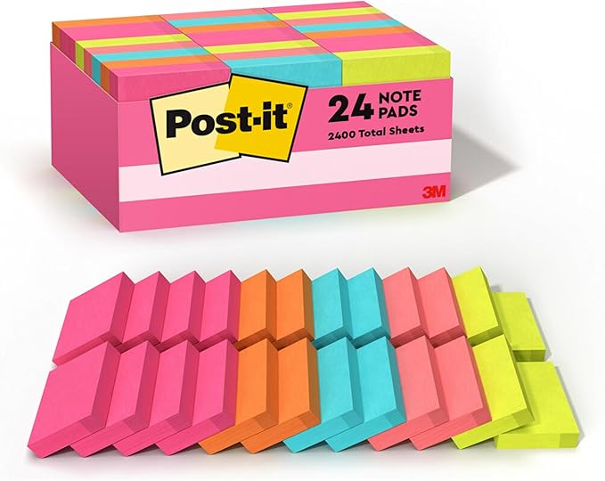 Post-it Mini Notes, 1 3/8 x 1 7/8 in, 24 Pads, America's #1 Favorite Sticky Notes, Poptimistic Post-it Notes, Power Pink, Aqua Blue, Vital Orange, Neon Green, Guava Pink (2 Pack)