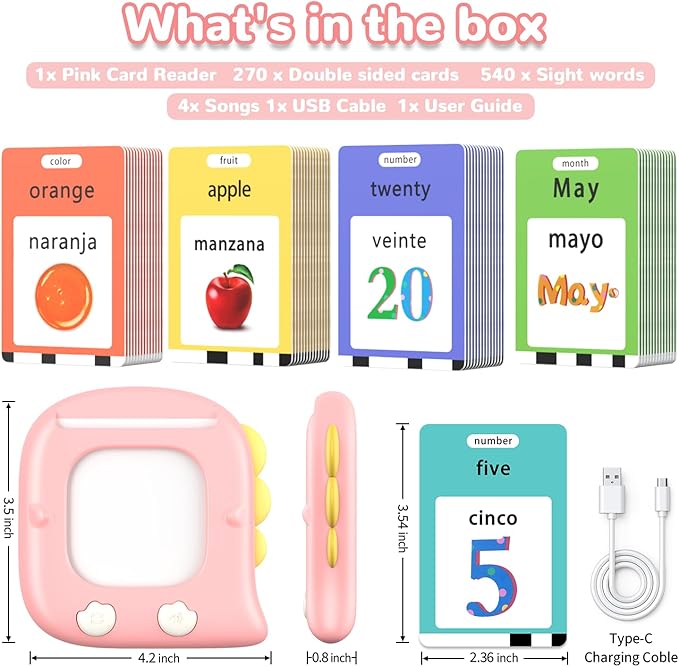 Kidzdo 520 Bilingual Spanish English Talking Flash Cards, Easter Birthday Gifts for 2 3 4 5 6 Year Old Girls, Language Pocket Speech Therapy Toys, Portable Toddlers Toys, Pink