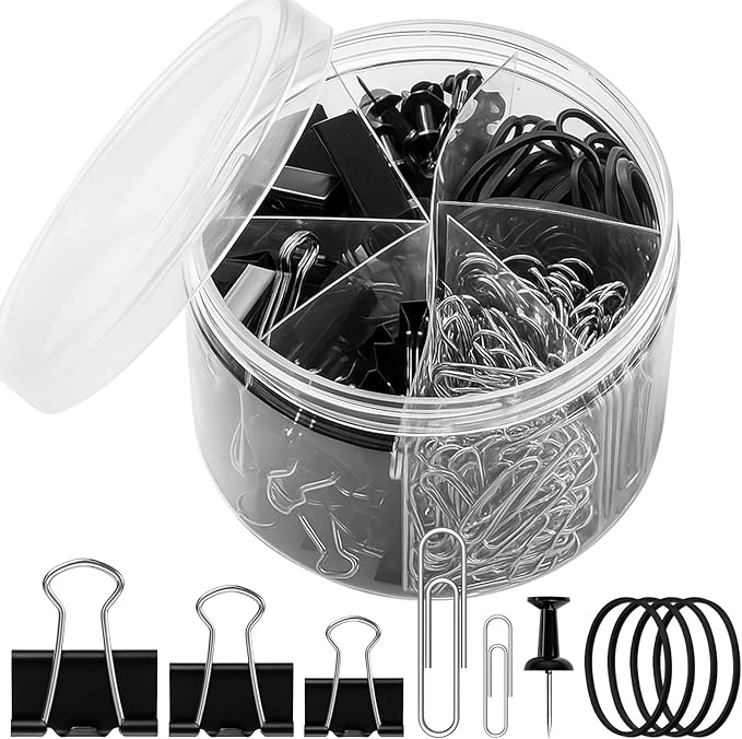 350 Pcs Paper Clips Assorted Sizes, Paperclips and Binderclips Office Supplies Set Paperclips Paper Clamps Rubber Bands Push Pins for Office and School Supplies