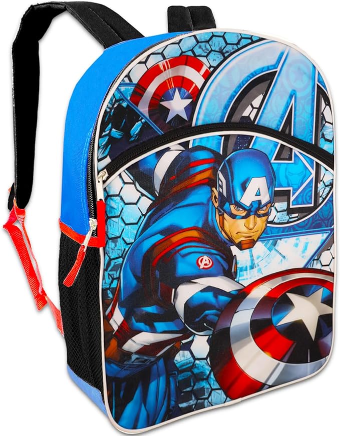 Marvel Captain America Backpack & Lunchbox For Boys - Bundle with 16" Captain America Backpack, Avengers Lunchbox, Tattoos, & More | Avenger School Bag