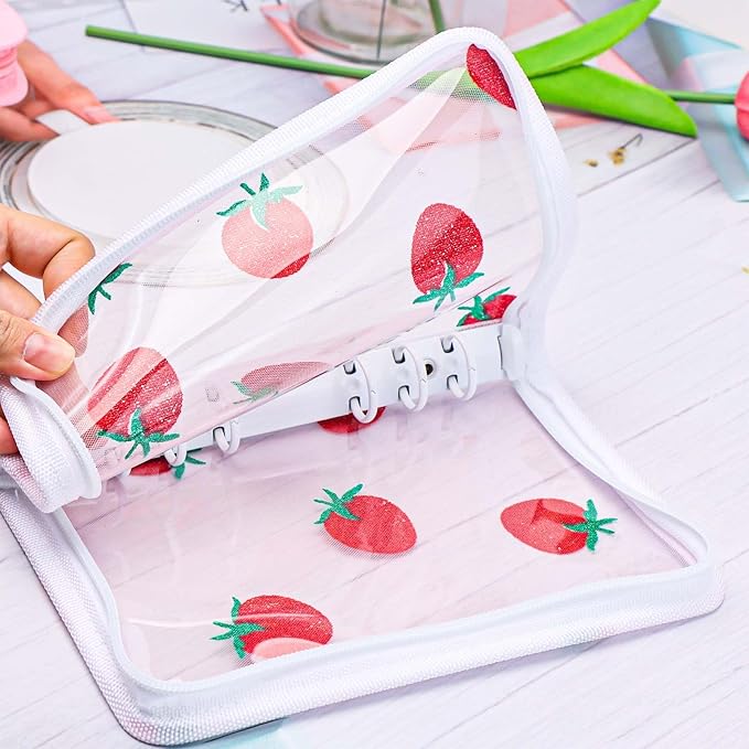 AxeWoodz White A6 Zipper Binder Clear Refillable Notebook Shell Cute Strawberry Lace Cover 6 Ring PVC Binder Cover for Photocard Planner Journal Photo Album