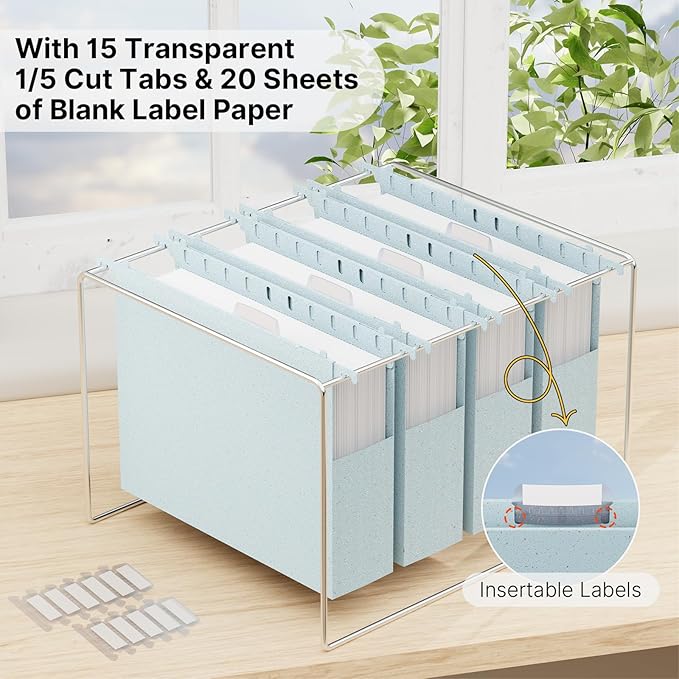 XINGIA Wheat Straw Plastic Hanging File Folders Letter Size, 2'' Expansion Extra Capacity Filing Cabinet Folders with Tabs, 12 Pack Reinforced Accordion File Organizer for Office School(Morandi Blue)