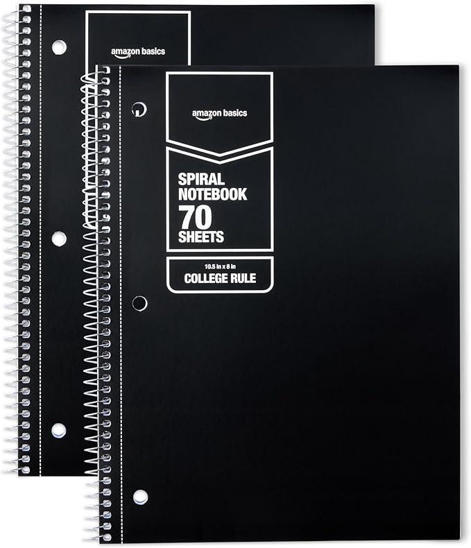 Amazon Basics College Ruled Spiral Notebook, For Work and School, 70 Sheets, 8" x 10.5", Black, 2 pack