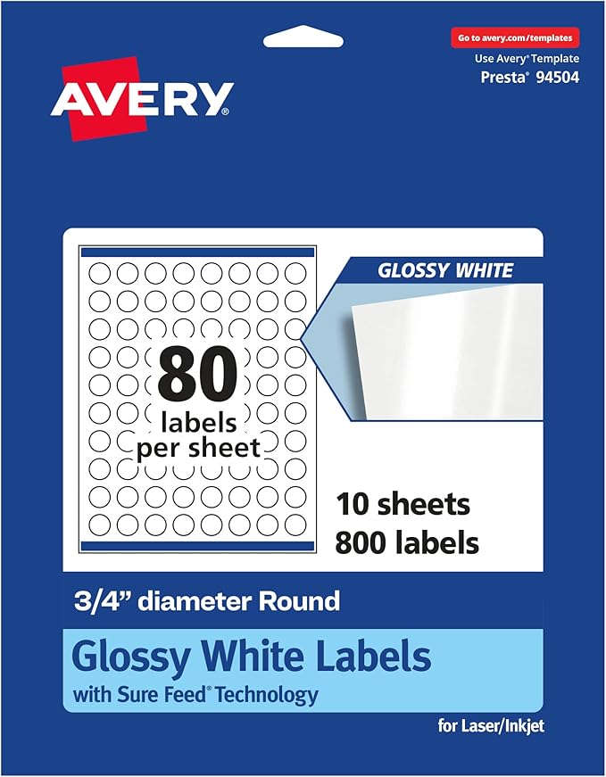 Avery Glossy White Round Labels, Sure Feed Technology, 3/4" Diameter, 800 Glossy White Labels, Print-to-The-Edge, Permanent Adhesive, Laser/Inkjet Printable
